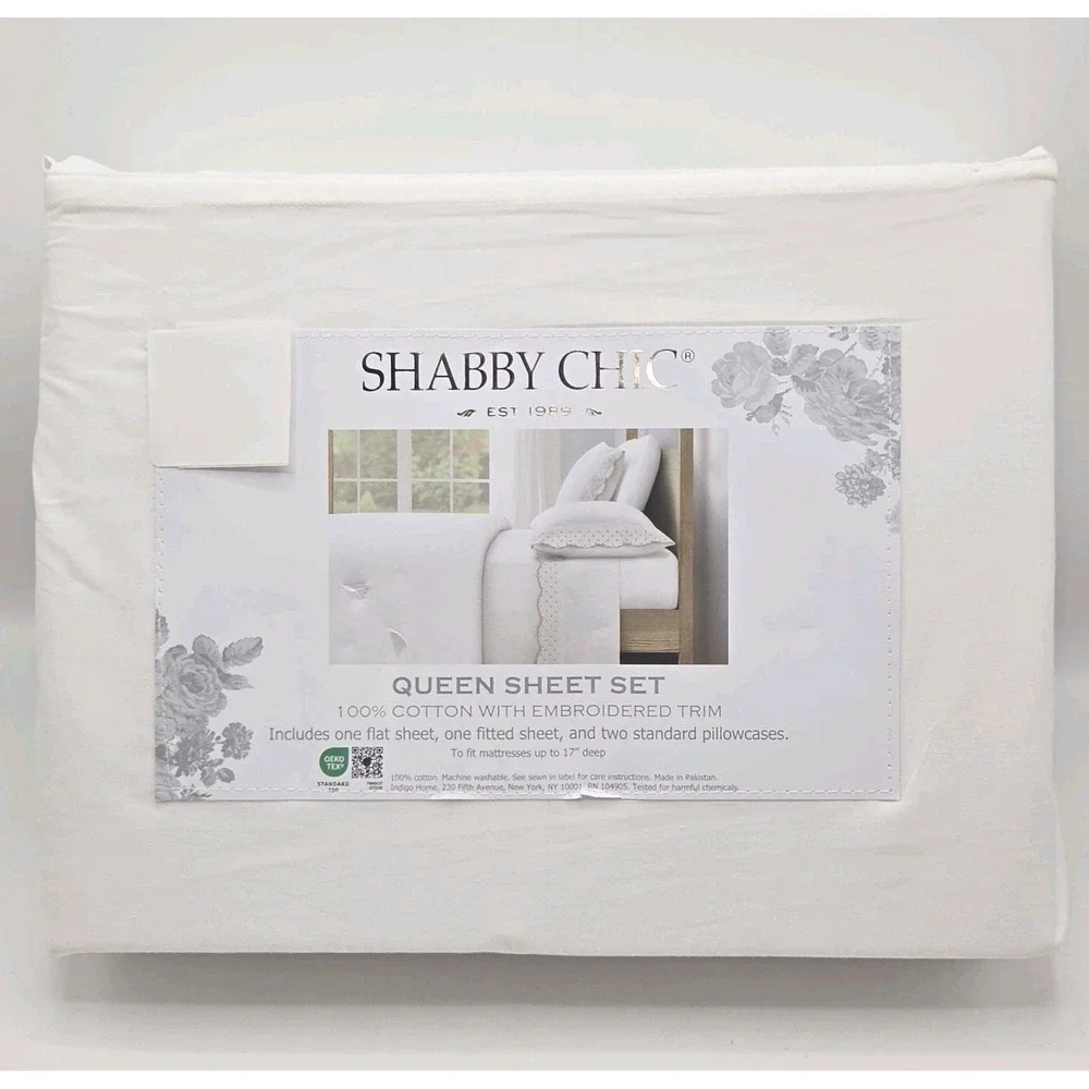 Shabby Chic 4pc White Cotton Queen Sheet Set Embroidered Scalloped Tan Polka Dot